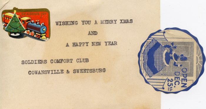 Comfort package tag, received from George S. Heatherington from the Cowansville Soldiers Comfort Club, ca. 1941 (P058 Herbert Derick collection)