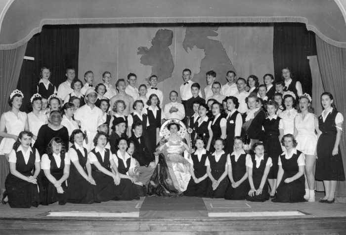 The cast of “Coronation Revue” presented by the Sherbrooke High School Players in March 1953. Photographer: Gerry Lemay (P230 Royce Gale fonds)