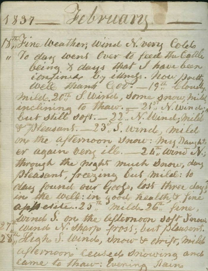 A section of the unidentified Lacolle farmer’s diary for February 1837, featuring weather observations.
